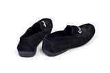 Black suede driving moccasins with anchors