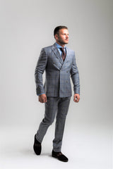 Light Grey Windowpane check Double-breasted Wool Suit
