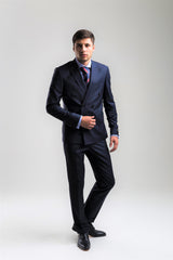 Navy Blue Plain Double-breasted Wool Suit