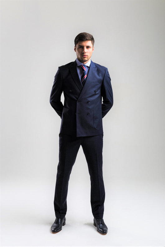 Navy Blue Plain Double-breasted Wool Suit