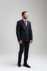 Navy Blue Windowpane Check Double-breasted Suit