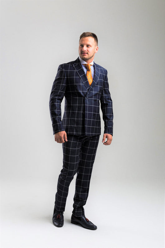 Navy Blue Windowpane Check Double-breasted Suit