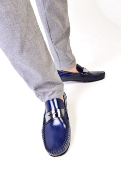 Navy blue patent leather driving moccasins