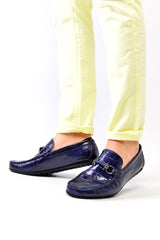 Navy blue crocodile leather driving moccasins