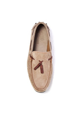 Sand suede driving moccasins with tassels