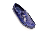 Navy blue crocodile leather driving moccasins