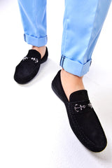 Black suede driving moccasins with anchors
